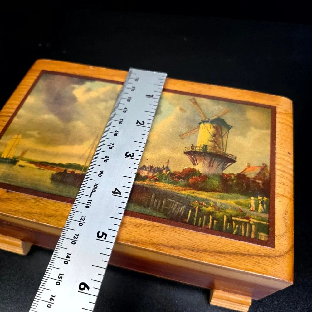 Cedar Wood Trinket Box Small Brown Dutch Windmill Vintage Decor Cottagecore Art